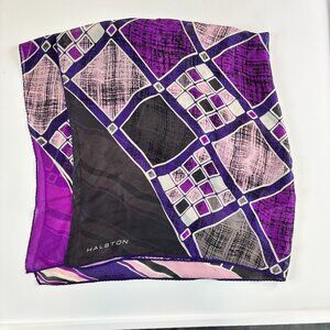 Halston Printed Silk Scarf Hand Rolled Hem Purple Pink Charcoal Abstract